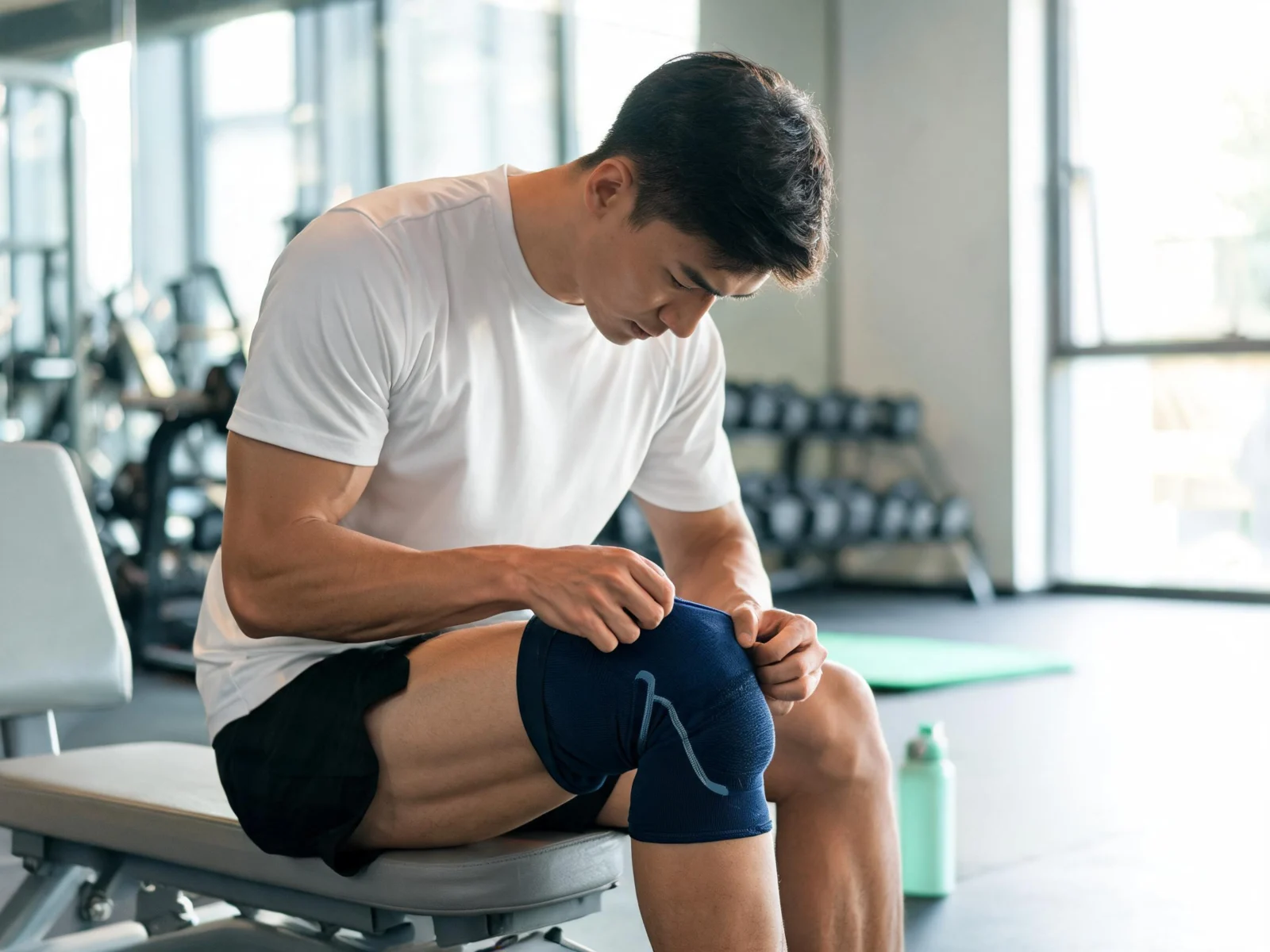 Athlete pulling on a knee compression sleeve before training