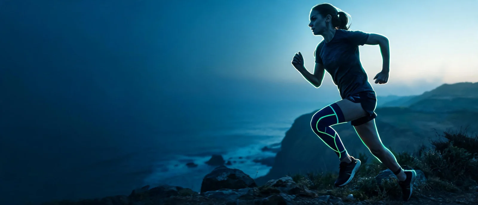 Trail runner at dawn wearing a navy ActiveFix knee compression sleeve