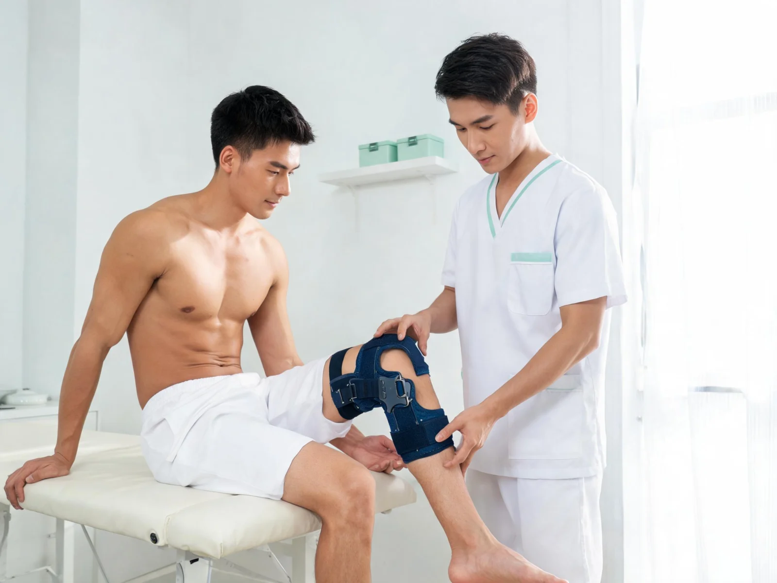 Physiotherapist fitting a hinged knee brace on an athlete
