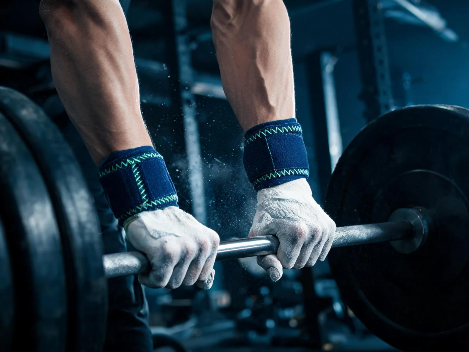 Lifter gripping a barbell with navy wrist wraps