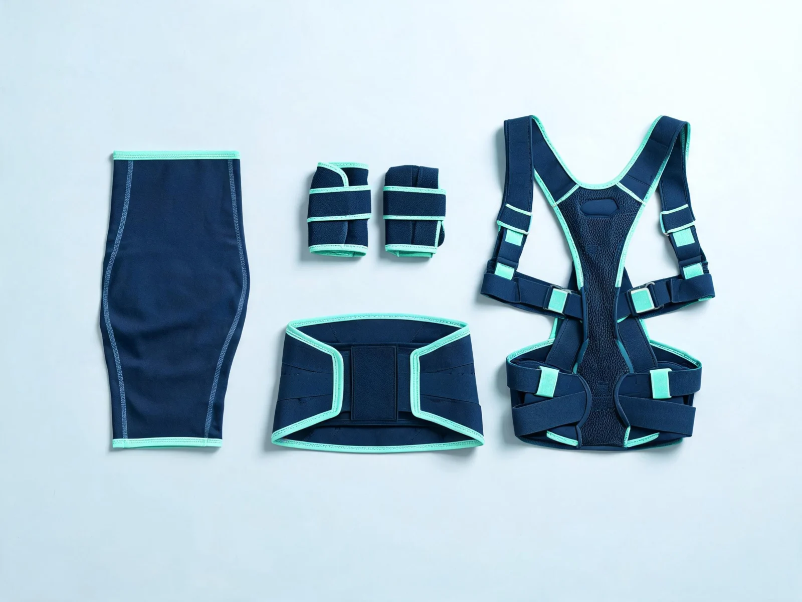 ActiveFix knee sleeve, wrist wraps, lumbar belt and posture corrector laid out flat