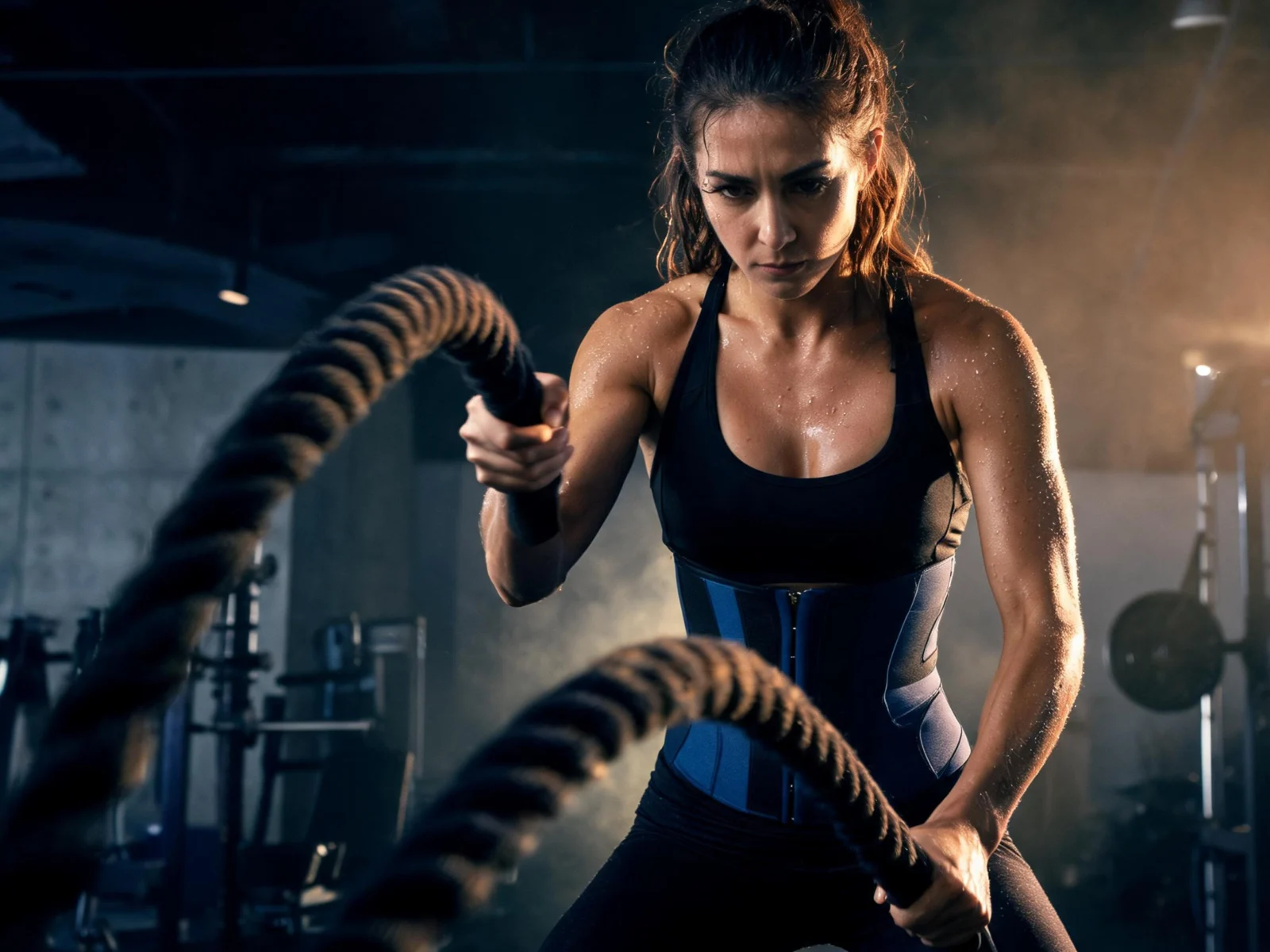 Athlete doing battle ropes wearing a sweat waist trainer